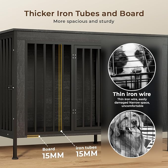 78 Inch Dog Cage Furniture for 2 Large/Medium Dogs with Removable Divider, Extra Large Double Doors Dog Kennel, XXL Thick Wooden Dog cage Furniture, Durable and Sturdy, Dark Grey-PurrikoPets