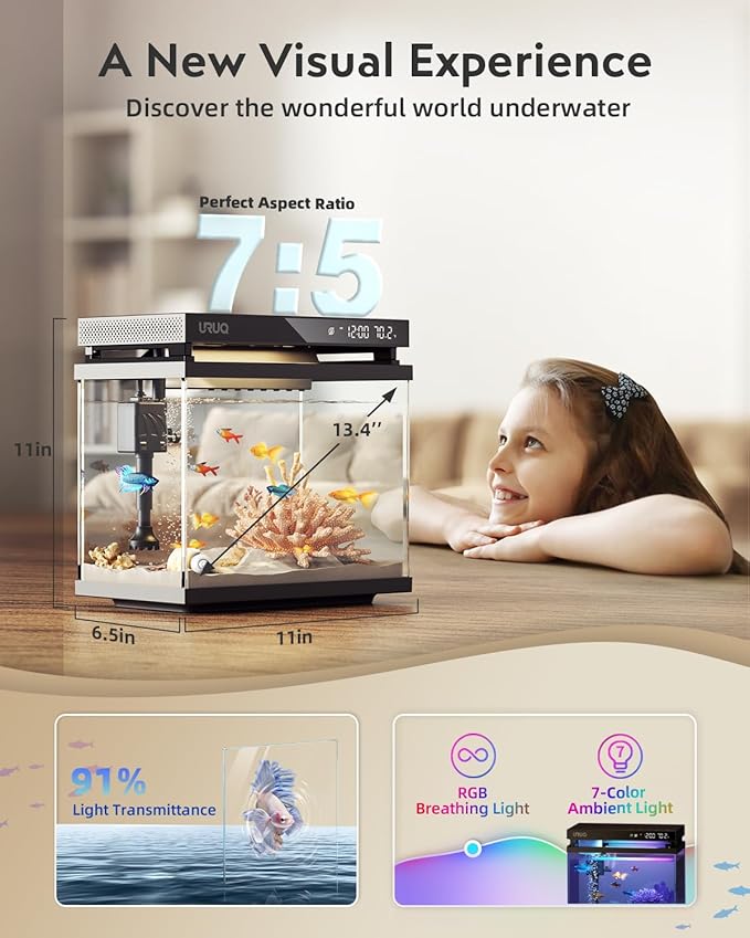 Fish Tank Smart Aquarium Kit: 2 Gallon UHD Glass Silent Water Pump Self Cleaning Multi-layer Filtration System - Temperature Sensing 7-color Lighting for Small Fish Betta Kids Room Desktop Decor Black-PurrikoPets