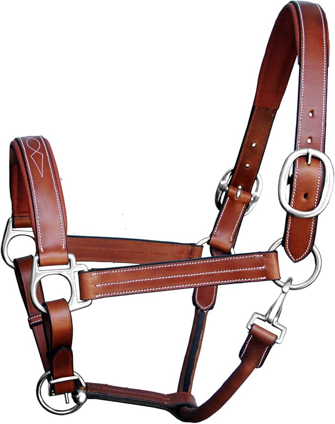 Exion Leather Horse Halter with Fancy Stitching | Black & Brown Padded Halter with Silver Brass Hardware | Quick-Release Snap | Adjustable Leather Halter – Cob, Full, Over, Pony Sizes-PurrikoPets
