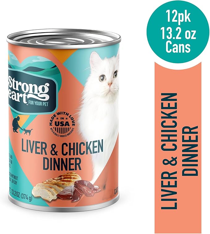 A Strong Heart Canned Wet Cat Food, Liver & Chicken Dinner - 13.2 oz Cans (Pack of 12), Made in The USA with Real Chicken & Liver-PurrikoPets