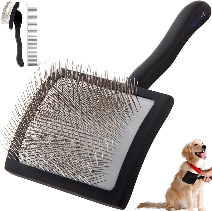 Dog Slicker Brush for Shedding and Grooming Medium or Long Haired Cats, Extra Long & Soft Pin Slicker Brush for Removes Loose Hair, Tangles, Knots, Undercoat, Free Pet Comb, Large Black-PurrikoPets
