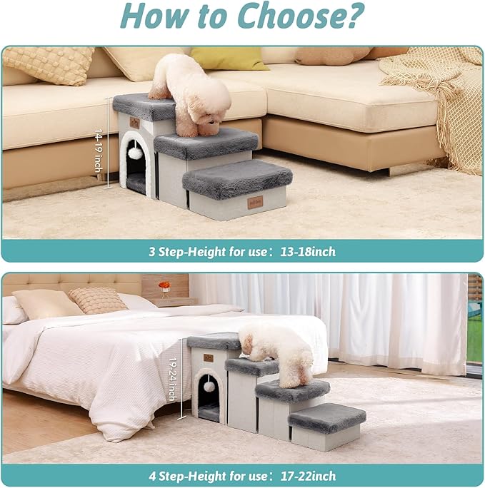 Dog Stairs for Small Dogs with Storage and Condo, 14" H Foldable Pet Stairs for Small Medium or Puppy Dogs and Older Cats, Dog Steps for Bed or Couch, 13x27x14 inch, 3 Tiers, Grey-PurrikoPets