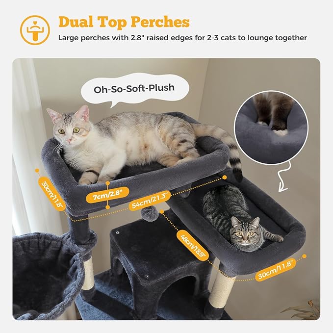 81" Heavy Duty Cat Tree for Large Cats up to 20lbs - Extra Tall Cat Tower with Metal Frame Hammock, 6 Sisal Scratching Posts, 2 Perches - Indoor Cat Furniture for Maine Coon, Dark Gray-PurrikoPets