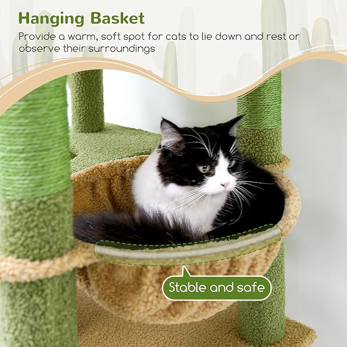 Globlazer Heavy Duty Cactus Cat Tree for Large Cats, Sturdy 72in Maine Coon Cat Tree for Large Cats 20 lbs+ Cactus Cat Tower for Adult Biggest Cats with 6 Scratching Posts, Hammock, S72, Green-PurrikoPets