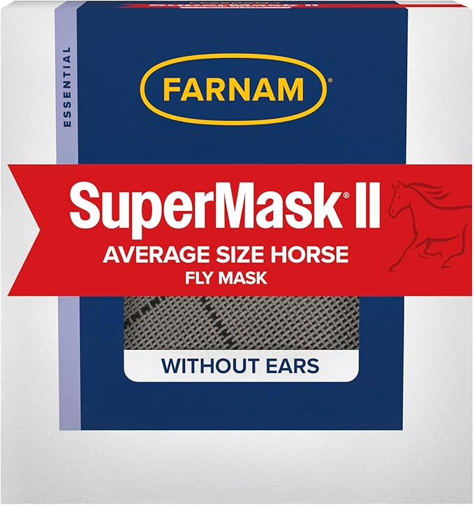 Farnam SuperMask II horse fly mask without ears, extended coverage, protects eyes from insects and debris, adjustable throat latch, Average Horse Size-PurrikoPets