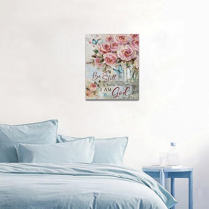 Farmhouse Rose Wall Art Christian Scripture Pictures Pink Rose Wall Decor Rustic Floral Butterfly Canvas Print Painting Artwork for Bathroom Living Room Bedroom 16"x20"-PurrikoPets