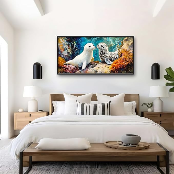 Extra Large Seal Framed Wall Art for Living Room,Oversized Underwater Animal Pictures Wall Decor,Ocean Coral Reef Canvas Print Painting Modern Artwork Bedroom Office Bathroom 60L" x 30W"-PurrikoPets