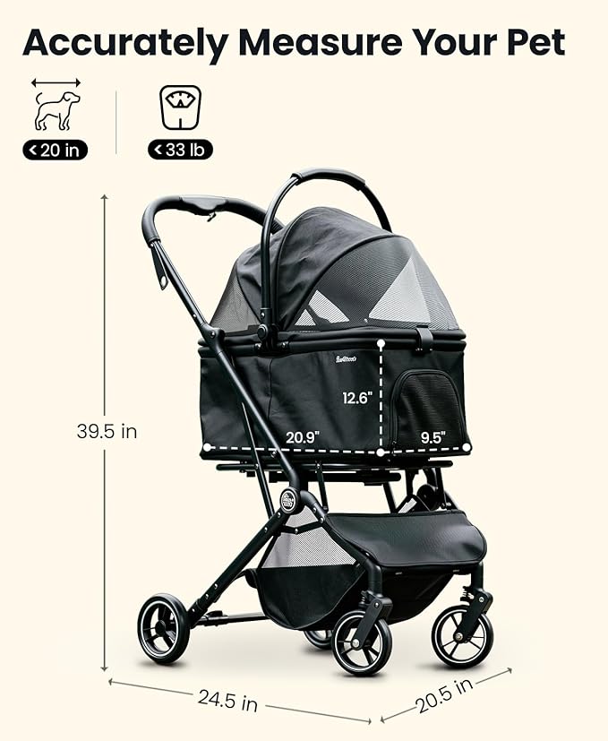 4 Wheels Pet Stroller, Dog Stroller for Small/Medium Dogs and Cats up to 33 lbs, One-Click Fold & Draggable, Removable Carrier, Zipperless Entry, Mesh Windows, Black-PurrikoPets