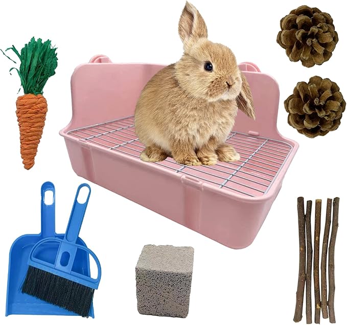 11Pcs Rabbit Litter Box Toilet,Bunny Corner Litter Bedding Plastic Square Grate Guinea Pig Bunny Ferret Hamster Hedgehog, Potty Trainer Bedding Box for Guinea Pig Ferret Hamster Hedgehog (Pink)-PurrikoPets