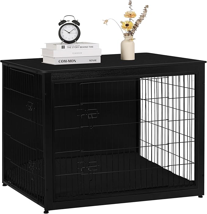 DWANTON Dog Crate Furniture with Cushion, Wooden Kennel Table with Double Doors, Indoor Dog House, Extra Large Size, 43.3" L, Black-PurrikoPets