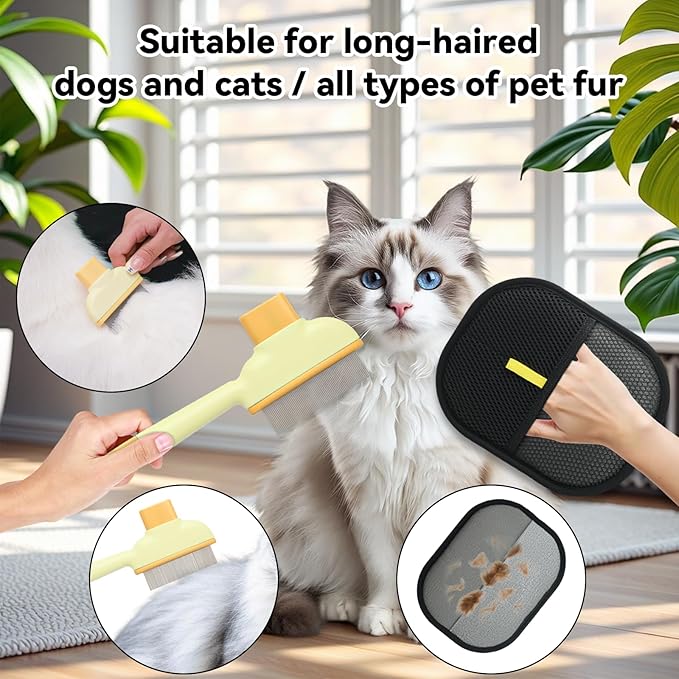 2 Pet Hair Removal Gloves, 2 Flea Combs for Cats and Dog，Reusable Electrostatic Gloves and Long & Short Flea Combs, 4 PCS pet hair removal tools-PurrikoPets