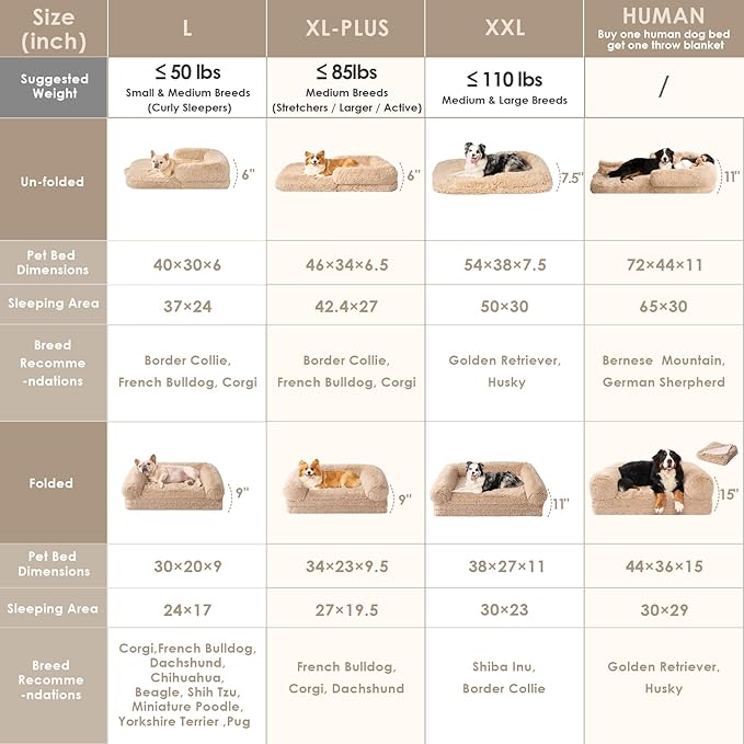 EHEYCIGA Foldable XXL Dog Bed, Faux Fur Fluffy Pet Couch Bed for Extra Large Dogs, Orthopedic Calming Memory Foam Big Pet Bed, Washable Soft Pet Sofa Bed with Non-Slip Bottom, Camel, 54"x38"x7.5"-PurrikoPets