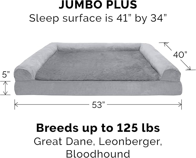 Furhaven Orthopedic Dog Bed for Large Dogs w/ Removable Bolsters & Washable Cover, For Dogs Up to 125 lbs - Plush & Suede Sofa - Gray, Jumbo Plus/XXL-PurrikoPets