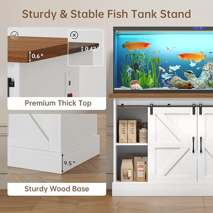 55-75 Gallon Fish Tank Stand with Sliding Barn Doors & Power Outlet, Heavy Duty Aquarium Stand with Cabinet Storage for Fish Tank, Turtle Tank, Reptile Terrarium, 1000LBS Capacity, White-PurrikoPets