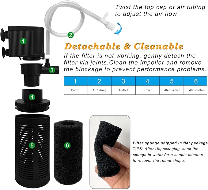 DOMICA Small Aquarium Filter with Aeration System 92GPH 5W Internal Filter for 3 to 10 Gallons Fish Tank, Submersible Fish Tank Filter with 4-pack Pre-filter Sponge-PurrikoPets