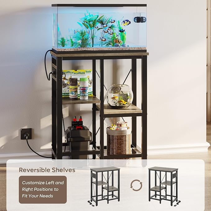 10 Gallon Fish Tank Stand with Power Outlets, 20 x10 Metal Aquarium Stand with 3-Tiers Adjustable Storage Shelves, 6-Legs Reptile Terrarium Stand, 264 LBs-PurrikoPets