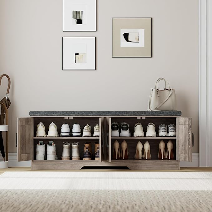 2-Tier Storage Bench, Shoe Bench with Padded Seat Cushion, Entryway Bench with 4 Barn Doors, Adjustable Shelf, 13.8" D x 47.2" W x 17.7" H, for Entryway, Living Room, Bedroom, Greige-PurrikoPets