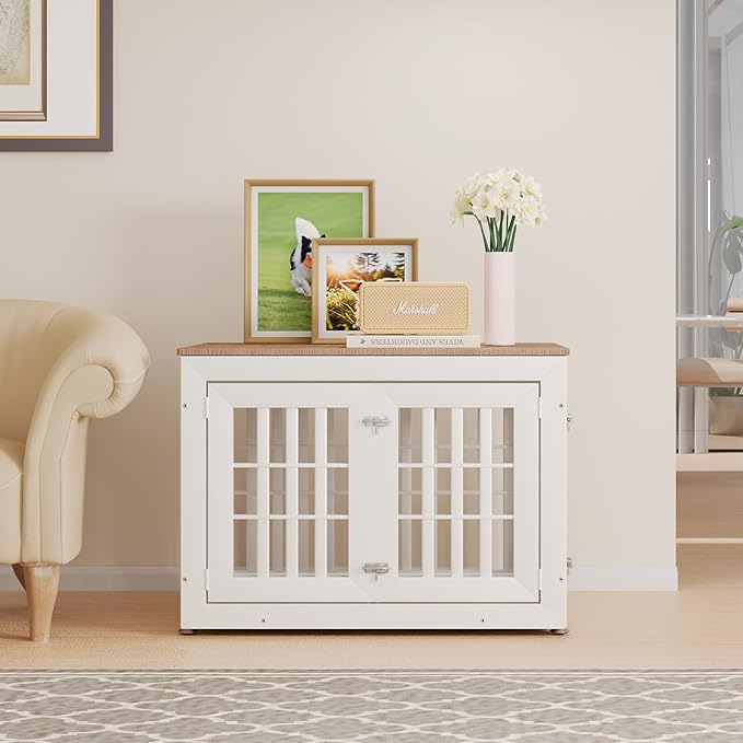 38" Heavy Duty Dog Crate Furniture for Small,Medium and Large Dogs,Rustic Wooden Dog Cage Kennel Indoor Furniture with Waterproof Top,Decorative Pet House Side End Table (White & Wood)-PurrikoPets