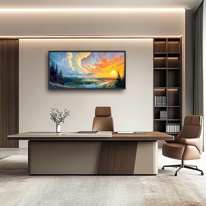 Framed Large Sunrise Wall Art for Living Room, Oversized Sunrise Wall Decor Forest Lake Landscape Canvas Print Natural Picture Home Decoration for Bedroom Living Room Office 60"x30"-PurrikoPets