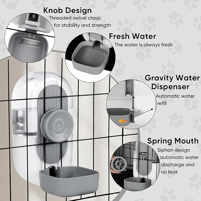 28oz Hanging Automatic Water Dispenser，Rabbit Water Bottle,Bunny Guinea Pig Ferret Water Bowl for Cage,Suitable for Small Animal Puppies(Cage Grid Spacing Over 1.2'') (Gray)-PurrikoPets