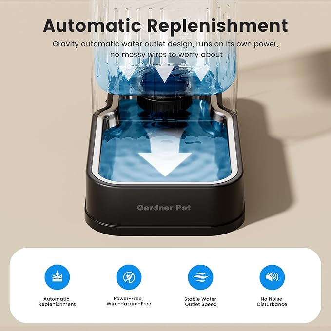 Gardner Pet Automatic Dog Water Dispenser Gravity Waterer with Stainless Steel Bowl Water Dispenser 8.5L Large Capacity Water Feeder for Dogs Cats Pets, BPA-Free Noise-Free (Black, 8.5L)-PurrikoPets