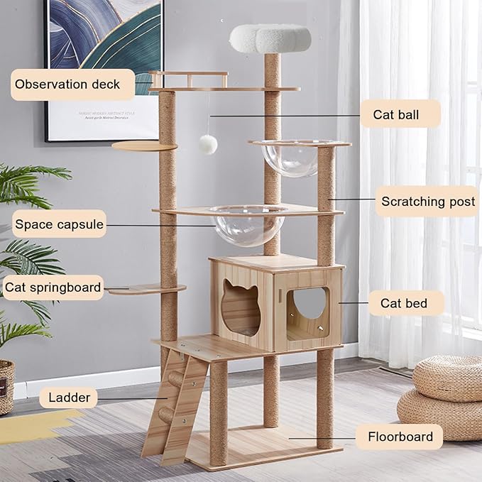 67-Inch Cat Tree for Indoor Cats Large Adult,Cat Tree Tower with Condo, Cat Stairs, 2 Bowl,14 Sisal Scratching Posts, Top Perch, with Padded Platform Bed,Toy Balls,Larg Large cat Tree.B12-PurrikoPets