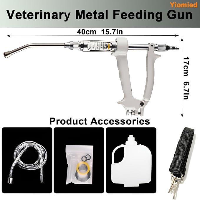 10ML Veterinary Metal Feeding Gun, Continuous Drench Gun Dosing Device Veterinary Adjustable Medicine Dispenser Husbandry Autonomous Feeding Tool, for Pig Cow, Sheep, Horse (White Color, 10ML+Kettle)-PurrikoPets