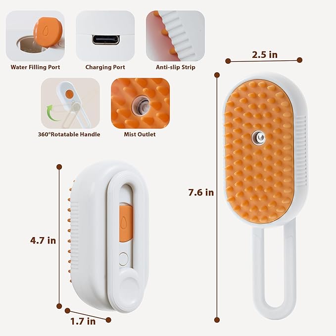 4 in 1 Cat Steam Brush, Rechargeable Steam Brush for Cats and Dogs, Anti-Static Cat Spray Brushes, Massage, Cleaning, Shedding & Combing All In One! White-PurrikoPets