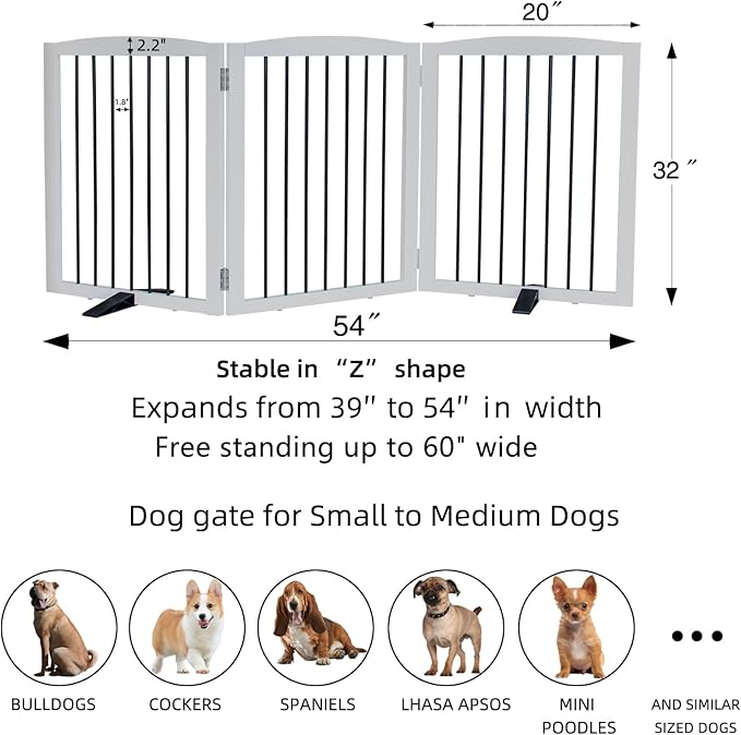 Foldable Wooden Freestanding Dog Gate - 32" H, 3 Panels, Stairs/Doorways, Support Feet Included, White-PurrikoPets