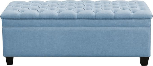 51" Fabric Storage Ottoman Bench, Upholstered Rectangle End of Bed Storage Ottoman Tufted Living Room Bedroom Bench with Safety Hinge, Solid Wood Legs, Loads 500 lb(Light Blue)-PurrikoPets