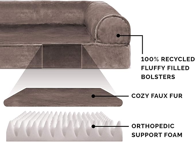 Furhaven Orthopedic Dog Bed for Large Dogs w/ Removable Bolsters & Washable Cover, For Dogs Up to 95 lbs - Faux Fur & Velvet Sofa - Driftwood Brown, Jumbo/XL-PurrikoPets