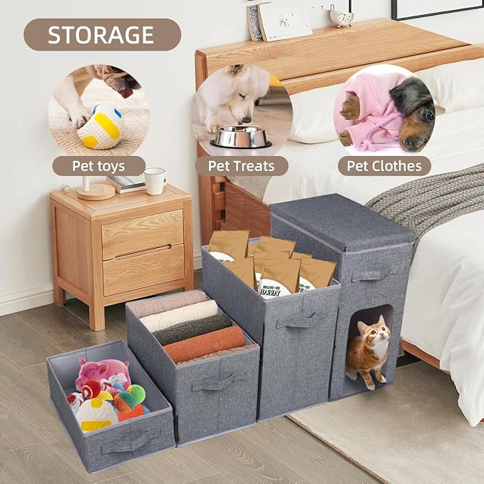 Dog Stairs with Storage, Folding Pet Steps with Zip for Small Dogs and Cats, 4-Step Pet Stairs with Pet House for High Bed, Couch and Car Ramp (Gray, 4 Steps with Condo)-PurrikoPets