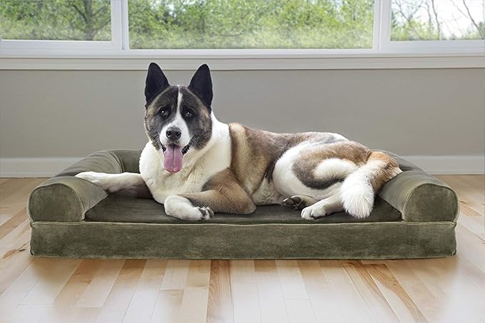 Furhaven Cooling Gel Dog Bed for Large Dogs w/ Removable Bolsters & Washable Cover, For Dogs Up to 95 lbs - Faux Fur & Velvet Sofa - Dark Sage, Jumbo/XL-PurrikoPets