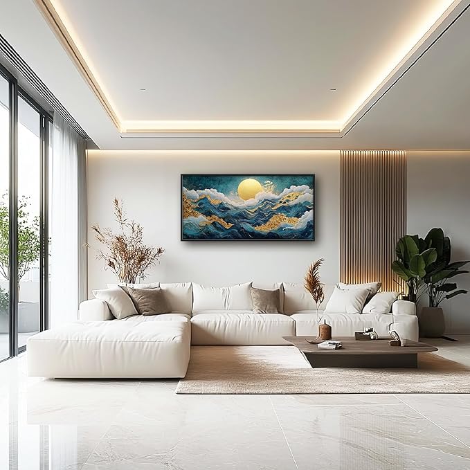 Framed Large Sun Mountain Wall Art, Oversized Teal and Golden Sun Wall Decor for Living Room, Abstract Landscape Canvas Painting Modern Artwork Home Decoration for Living Room Bedroom 60"x30"-PurrikoPets