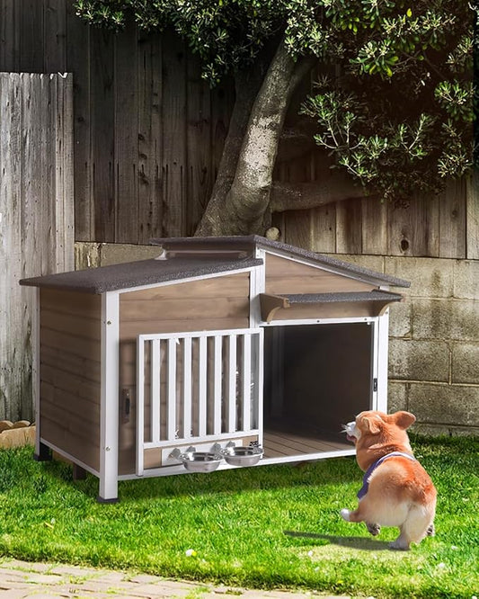 Dog House Outdoor with Bowls Weatherproof Dog Kennel with Anti-Chewing Iron Frame Dog Shelter for Small Medium Dogs(Light Brown)-PurrikoPets