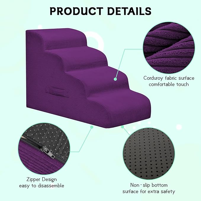 Dog Steps for Small Dogs, 3-Step Dog Ramp and Stairs for High Beds and Sofa, Non-Slip Pet Stairs Removable and Easy to Clean Cover, Purple-PurrikoPets