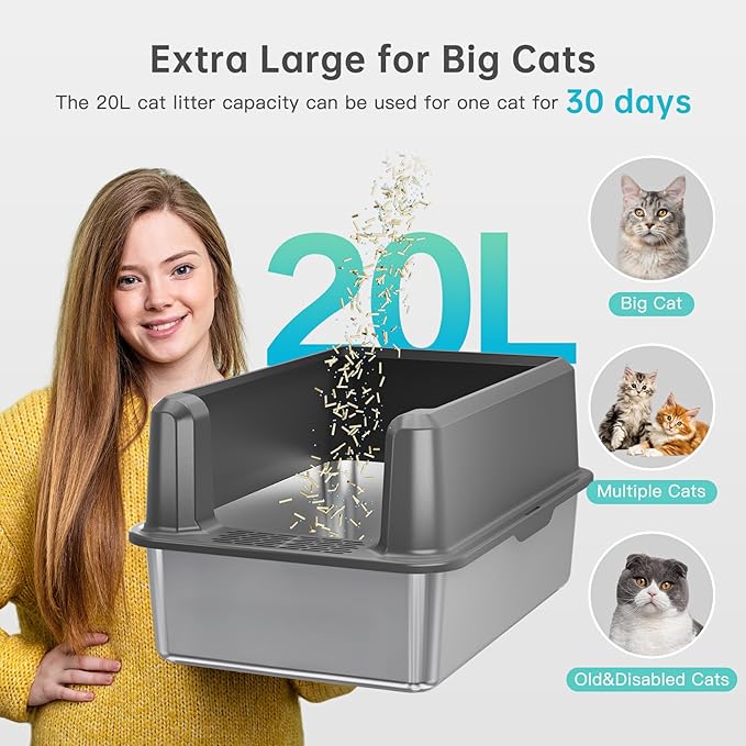 Enclosed Stainless Steel Cat Litter Box with Lid, XL Extra Large Litter Box for Big Cats, Metal Litter Pan High Sided, Never Absorbs Odors, Anti-Urine Leakage, Easy Cleaning, Include Scoop-PurrikoPets