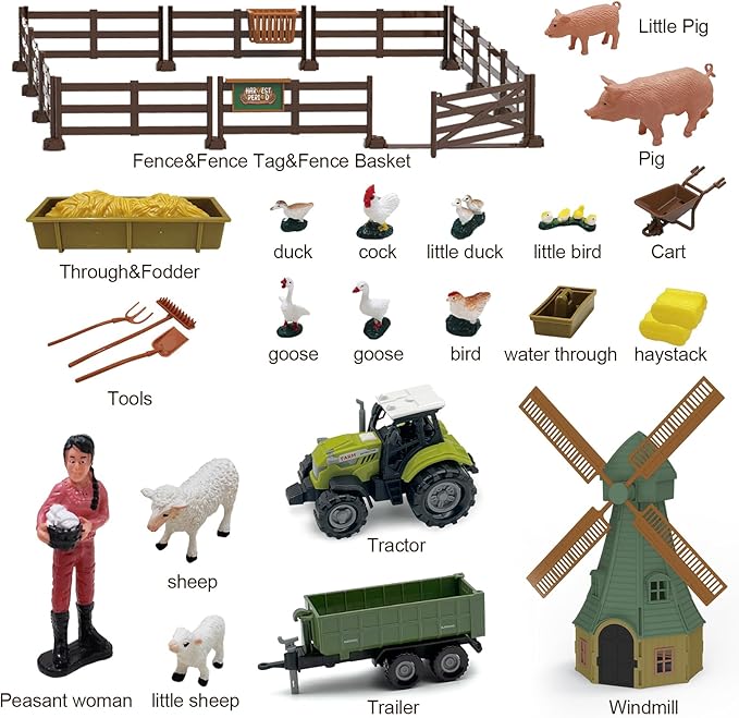82PCS Farm Animals Toys Set Comes with Tractor Trailer, Windmill, Farmer, Fence - Playset for Kids Toddlers Boys Girls 5+ Years Old-PurrikoPets