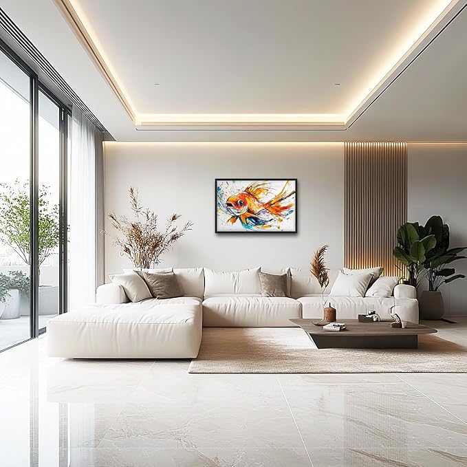 Framed Large Fish Wall Art for Living Room, Oversized Graffiti Goldfish Wall Decor Watercolor Fishing Canvas Painting Modern Artwork Home Decoration for Living Room Bedroom Office 36"x24"-PurrikoPets