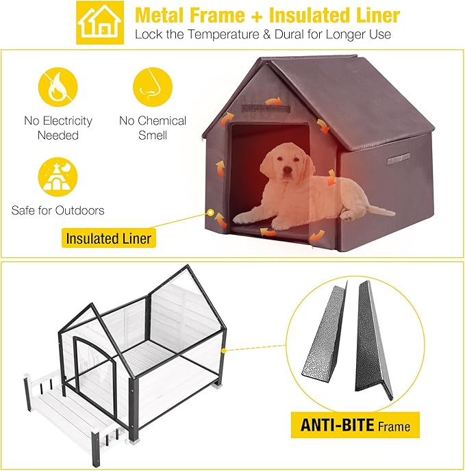 Aivituvin Dog House Outdoor With Metal Frame, Insulated Dog Kennel Outside for Small To Medium Breed, 45" Weatherproof Large Dog Shelter with Anti-Chewing Iron Frame, White (45" D x 32.9" W x 32.6" H)-PurrikoPets
