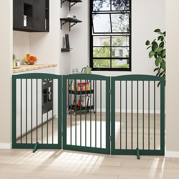 Freestanding Pet Gate for Dogs, Foldable Wooden Dog Gate for House Indoor, Step Over Pet Puppy Safety Fence for Stair, Doorway,Hall, Support Feet Included,3 Panels 32",Green-PurrikoPets