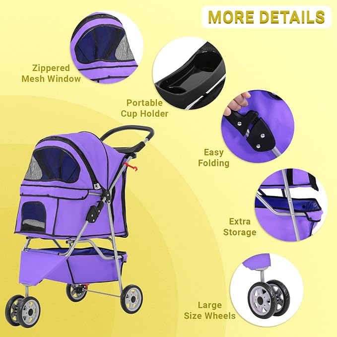 Foldable Pet Stroller,Dog Stroller with 3 Wheel,Pet Strolling Cart,Dog Travel Carrier with Storage Basket and Cup Holder for Dog Puppy,Purple-PurrikoPets