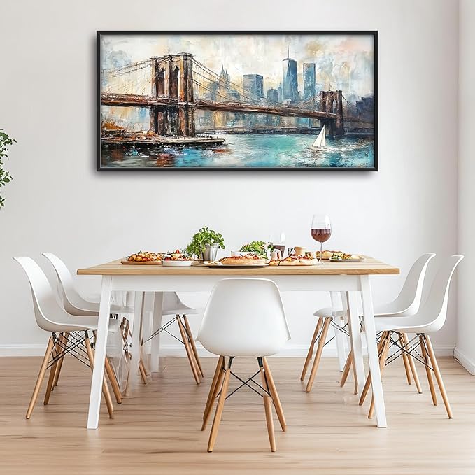 Extra Large Framed Brooklyn Bridge Wall Art,New York City Wall Decor,Abstract Skyline Cityscape Pictures for Living Room,Canvas Print Painting Modern Artwork Bedroom Office Bathroom 60L x30W-PurrikoPets
