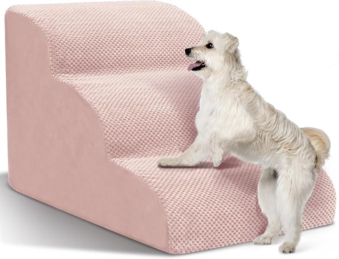Dog Stairs for Small Dogs - High Density Foam Pet Steps, Extra Wide Dog Ramp with Non-Slip Bottom for High Beds, Couch and Sofa, Best for Dogs Injured, Older Doggy Cats,3 Steps, Pink-PurrikoPets