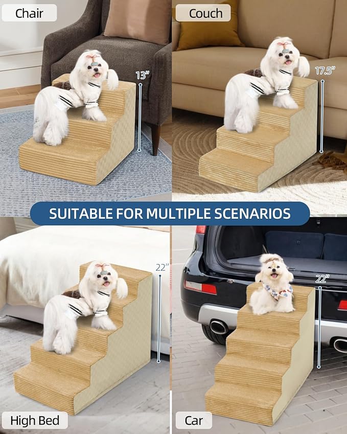 Dog Stairs for Small Dogs,17.5" H,4-Step Dog Steps for Bed and Couch with High Density Foam,Non-Slip Pet Steps for Doggy and Cat,Pet Stairs with a Washable Cover,Khaki-PurrikoPets