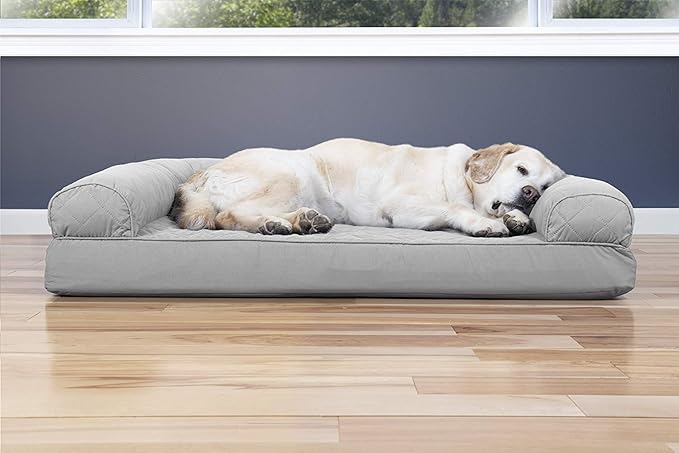 Furhaven Cooling Gel Dog Bed for Large Dogs w/ Removable Bolsters & Washable Cover, For Dogs Up to 95 lbs - Quilted Sofa - Silver Gray, Jumbo/XL-PurrikoPets