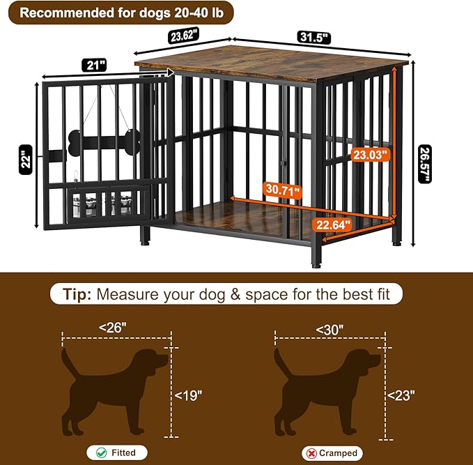 Easycom 31" Dog Crate Furniture Foldable, No Assembly Decorative Dog Kennel Indoor, Dog Crates for Small Dogs (20-40 lbs), Wooden Dog Cage with Adjustable Bowls and Name Tag, End Table, Rustic Brown-PurrikoPets