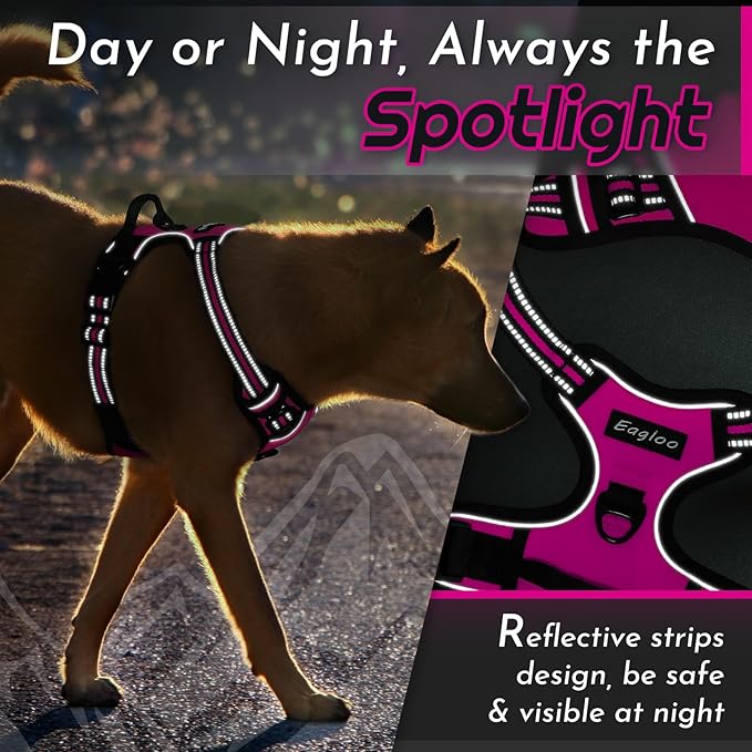 Eagloo Dog Harness Large Breed, No Pull Service Vest with Reflective Strips and Control Handle, Adjustable and Comfortable for Easy Walking, No Choke Pet Harness with 2 Metal Rings, Rose Red, XL-PurrikoPets