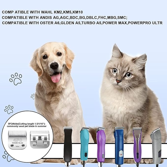 2PC 4FC Blade Detachable Pet Clipper Replacement Blades Compatible with Andis Pet Clipper/Oster A5/Wahl KM Series Dog Clipper,Ceramic Blade & Stainless Steel Blade-PurrikoPets