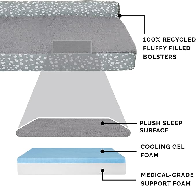 Furhaven Cooling Gel Dog Bed for Large/Medium Dogs w/ Removable Bolsters & Washable Cover, For Dogs Up to 55 lbs - Plush & Almond Print L Shaped Chaise - Gray Almonds, Large-PurrikoPets